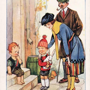 Cartão postal em quadrinhos Dê seu coelhinho a esse pobre garotinho Artista Fred Spurgin 1923 Arte e Humor