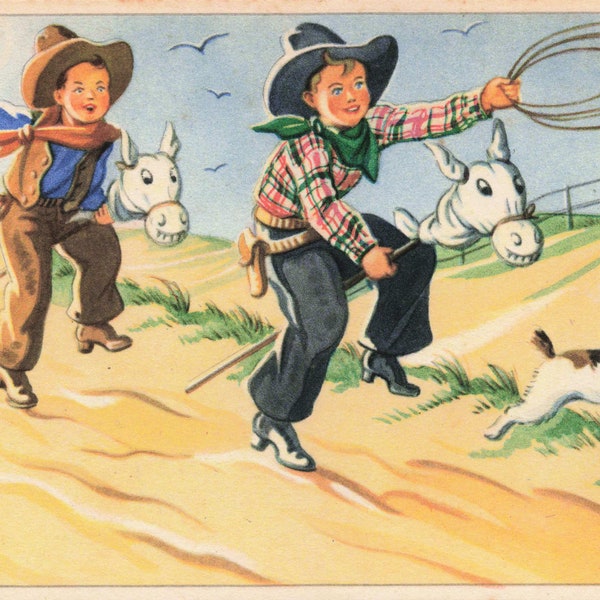 Artist Hannie Holt Two Boys on Hobby Horses Playing Cowboys WW2 postcard