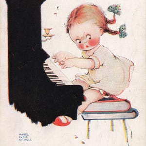Mabel Lucie Attwell, Garota tocando piano, vou aprender, 1922, cartão postal de dia dos namorados