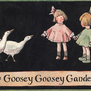 Goosey Goosey Gander Bambini con una carrozzina per bambole e oche Cartolina d'epoca Editore Vivan Mansell