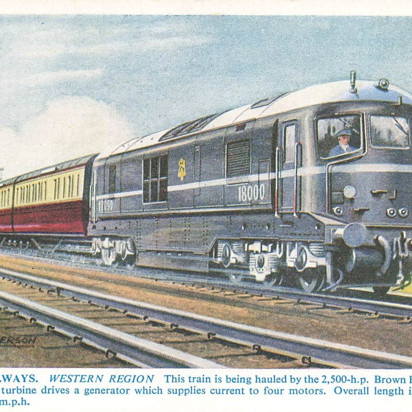 Artiste des chemins de fer britanniques Alan Anderson Région occidentale Brown Boveri Locomotive à turbine à gaz carte postale vintage