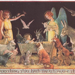 Margaret Tarrant Praise the Lord Jesus in the Manger  vintage 1940 postcard Publisher Medici Society