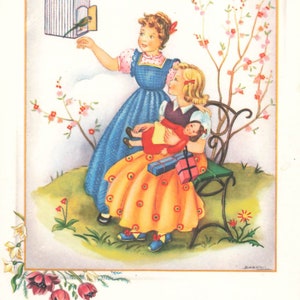 Ragazze dell'artista Barnini Una con la bambola, l'altra con un uccellino Cartolina vintage italiana