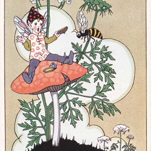 May include: Vintage illustration of a fairy on a mushroom, interrupted by a bee. The fairy wears a polka-dot outfit and a pointed hat. The mushroom is red with white spots. The image has the text "An Interrupted Tea".