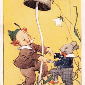 Lutin de récréation et une souris dansant autour d'un champignon vénéneux utilisé en 1946 avec le message J de Winston Churchill carte postale vintage saumon