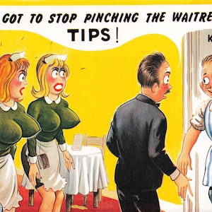Saucy Seaside Postcard Publisher Bamforth Proof - sample vintage postcard Artist Fitzpatrick Stop Pinching the Waitresses Tips
