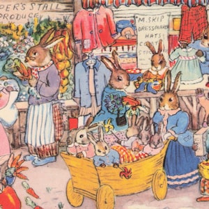 Margaret Ross Market Day Rabbits shopping 1940&#39;s postcard