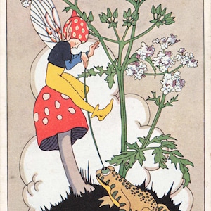 May include: Vintage illustration of a fairy in a red-spotted mushroom hat and yellow pants, reaching for a flower. A frog sits below, with the text "Out of Reach".