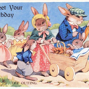 Carte postale vintage de l'artiste EH Davie, 1940, animaux fantastiques, famille de lapins lors d'une sortie Joyeux anniversaire
