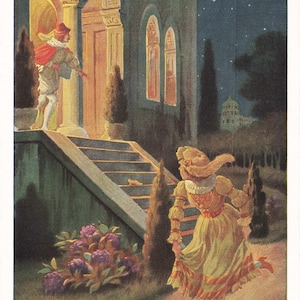 Cinderela Deixando o Baile Cartão postal vintage sem uso Conto de Fadas dos Irmãos Grimm