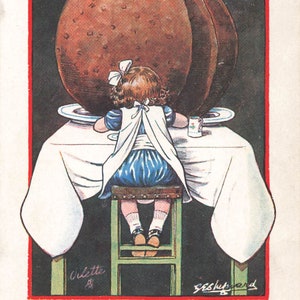 GE Shepherd Uma parte completa das alegrias da temporada Garota sentada em frente a um pudim de Natal gigante Tucks 1917