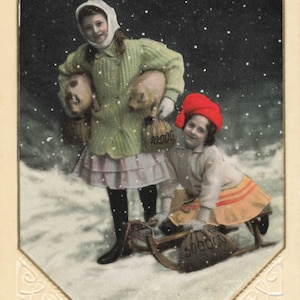 Merry Xmas Children in the Snow Glossy Front Jahrgang 1910 Postkarte