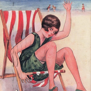 Strip ansichtkaart 1932 This is a Ripping Place Lady in a Deck Chair J SALMON