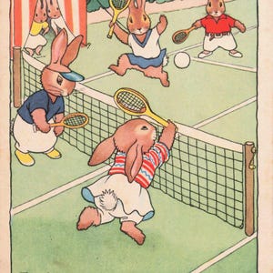 Grupo de conejos jugando al tenis. Postal de la Segunda Guerra Mundial del artista Freddie Langeler enviada por un aviador a su hijo.