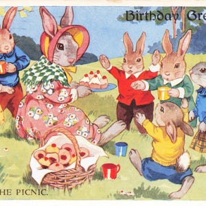 Carte postale vintage de l'artiste EH Davie, 1940 Animaux fantastiques Famille de lapins en pique-nique