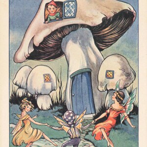 Rene Cloke Mushroom House for Pixies 1940's Faulkner Postcard