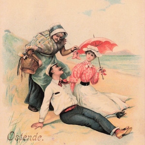 OSTENDI Vendedor na praia oferecendo a um casal um par de sapatos de bebê Cartão postal francês do início do século XX