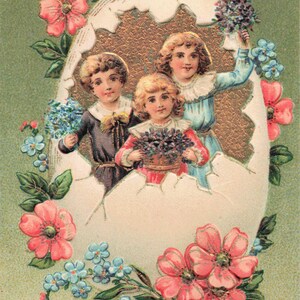 Auguri di Pasqua Cartolina antica Bambini in rilievo con cesto di fiori 1904