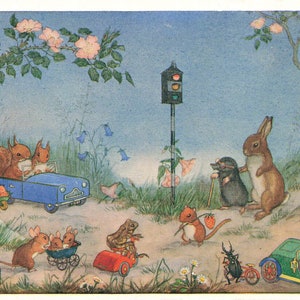 Molly Brett At The Traffic Lights  Vintage 1977 Postcard  Publisher Medici Society