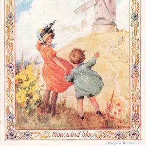 Carte postale de la Société des Médicis de Margaret Tarrant, coup de vent, 1939, joyeux anniversaire