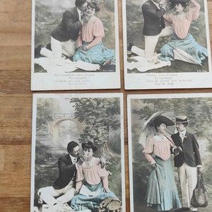 Französische romantische Postkarten Hand Colored Vintage 1906 Set von vier Postkarten