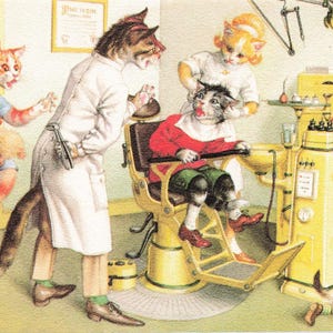 Alfred Mainzer Comic Cats Cartão Postal Vintage Gatos no Dentista