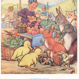 Margaret Tarrant Market Day Pixies and Animals 1952 Medici Society postcard