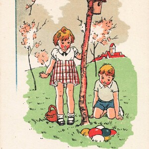Easter Greeting Vintage postcard 1945 postcard Children on a Easter Egg Hunt French postcard