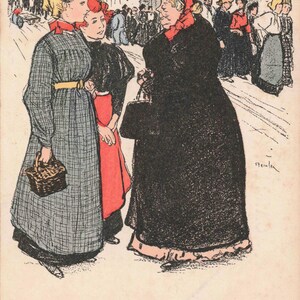 Postal del período Art Nouveau del artista Théophile Steinlen con mujeres charlando Postal de época antigua
