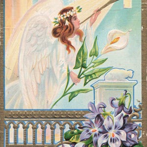 Tarjeta de felicitación de Pascua vintage de 1914 con un ángel tocando un cuerno en relieve