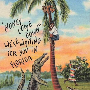 Carte postale vintage américaine de bande dessinée Chérie, viens et nous t'attendons en Floride