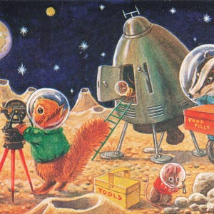 Carte postale ancienne Racey aide à atterrir sur la lune Les animaux fantastiques de la Société Médicis