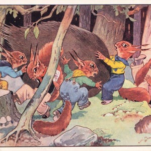 Carte postale vintage de Bamforth, série Écureuils fantastiques se préparant pour l'hiver, Cyril Cowell