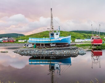 Fishing Boat Sunset, Digital Download, Printable, Wall Decor, Boat, Landscape, Seaside art, Reflection, Newfoundland, colorful, harbor,
