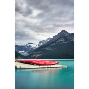 Lake Louise Banff Photo: Red Canoes, Rocky Mountains (Digital Download)