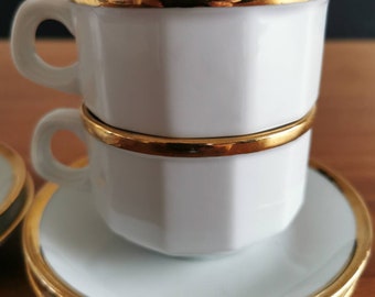 Set aus sechs Vintage 80er Jahre Kaffee Capucino Tassen im französischen Bistro-Stil weiß und gold von Walkure