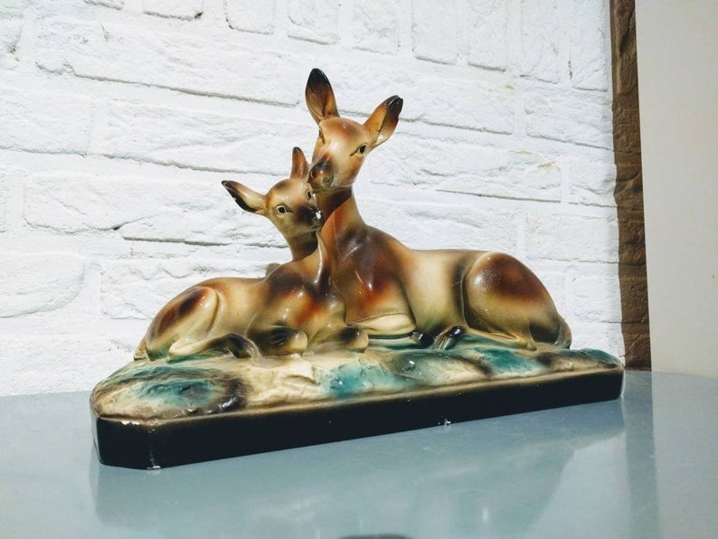 Angelo Biagioni Antique sculpture made of glazed plaster representing a doe and her fawn.\u00a0 A.Biagioni sculptor in Tours