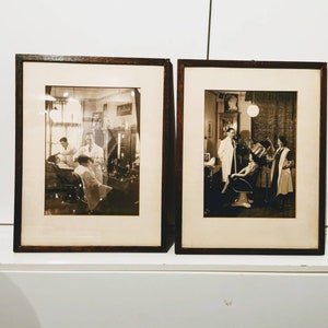 Set of two framed barber, hairdresser pictures 1940s at France