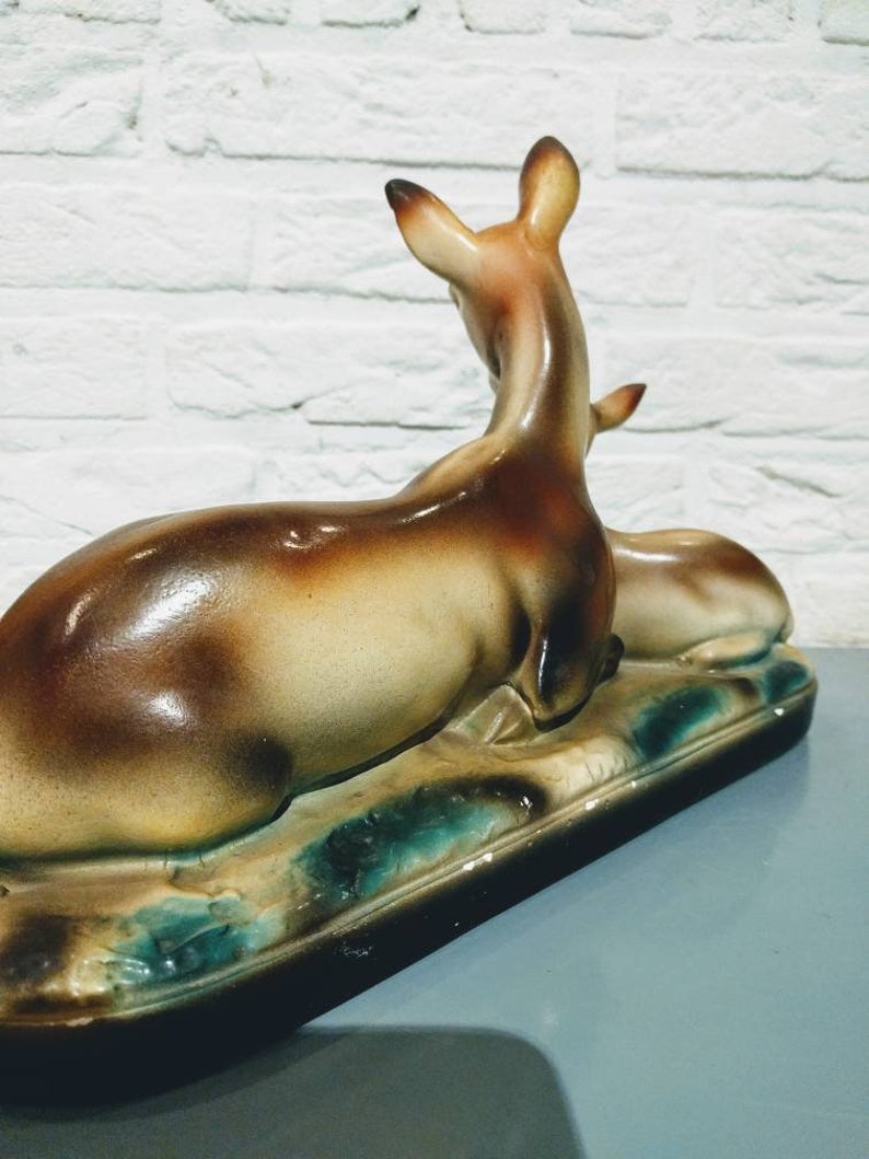 Angelo Biagioni Antique sculpture made of glazed plaster representing a doe and her fawn.\u00a0 A.Biagioni sculptor in Tours