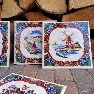 Vintage Dutch tiles, old Tiles with typical Dutch creations set of six