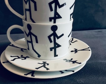 Große seltene Kaffeetassen mit Untertassen designed in den 80er Jahren von ASA Sortiment im Keith Haring Stil