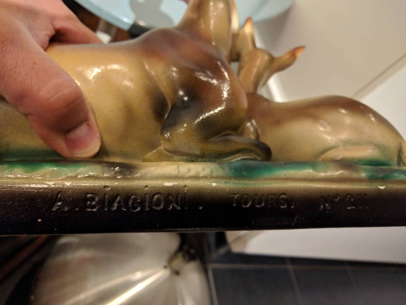 Angelo Biagioni Antique sculpture made of glazed plaster representing a doe and her fawn.\u00a0 A.Biagioni sculptor in Tours
