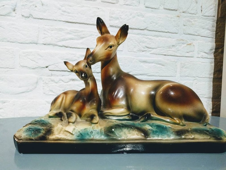 Angelo Biagioni Antique sculpture made of glazed plaster representing a doe and her fawn.\u00a0 A.Biagioni sculptor in Tours