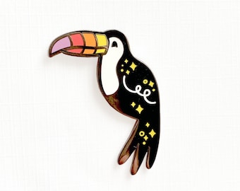 Toucan Pin | Happy Bird Black Nickel Hard Enamel Pin, Lapel Pin, Tucans, Tropical Bird, Stars, Space, Rainbow, Pet Bird, Joy, Big Beak