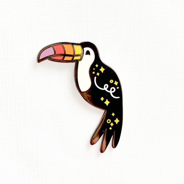 Toucan Pin | Happy Bird Black Nickel Hard Enamel Pin, Lapel Pin, Tucans, Tropical Bird, Stars, Space, Rainbow, Pet Bird, Joy, Big Beak