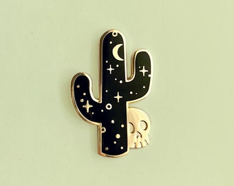 Starry Cactus & Skull Enamel Pin | Gold Gift - Desert - Lapel Pin - Skull - Desert - Arizona - Texas - Boho - Western - Moon - Bohemian