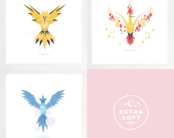 Minimal Legendary Bird Pokemon Matte Wall Art Prints  | Zapdos (Team Instinct), Moltres (Team Valor) and Articuno (Team Mystic)