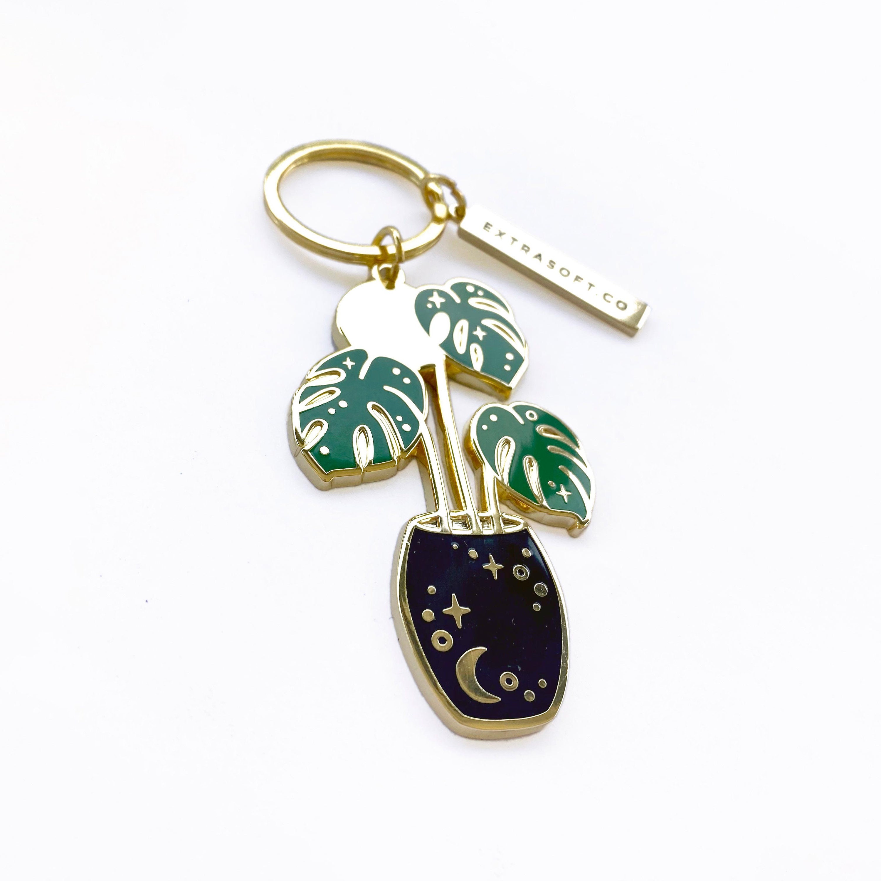 Celestial Monstera Enamel Keychain | Tropical Leaf - Plant Lover Gift - Deliciosa - Houseplant - Moon - Stars - Space Pin - Plant Mom