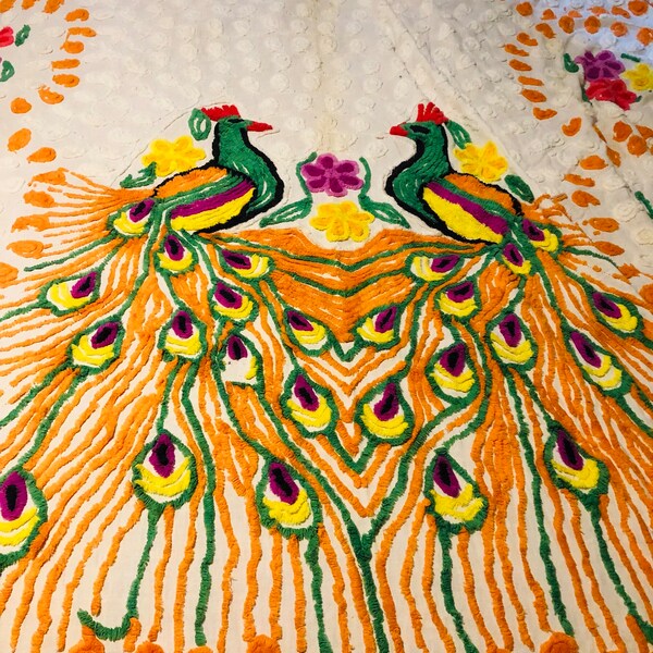 1950s Chenille Double Peacock Bedspread