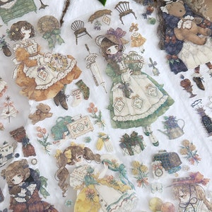 Campione di nastro adesivo PET vintage con dolce signorina | Anello da 100 cm | scrapbooking, diario di spazzatura, collage fai da te, cancelleria
